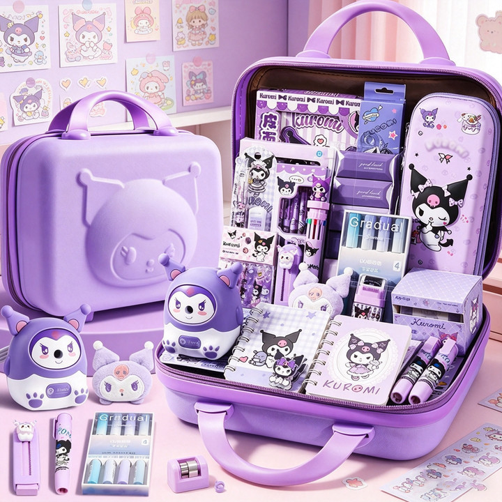Bộ văn phòng phẩm hình hoạt hình cute, quà tặng cho bé gái gồm túi bút và thước kẻ tiện dụng
