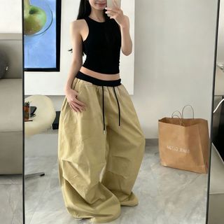 2026 Mỹ Retro Lười Ống Rộng Drap Mồ Hôi Nữ Jazz Nhảy Múa Túi Quần Áo Dây Rút Quần Thường Ngày 4.7