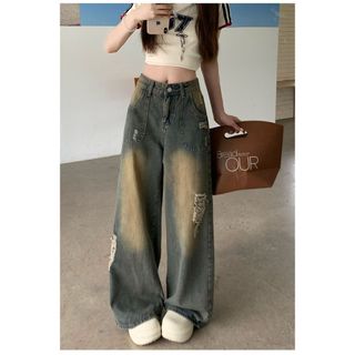 Quần jeans rách phong cách Mỹ thời trang dành cho nữ, quần ống rộng cạp cao dáng thẳng cho Mùa Hè