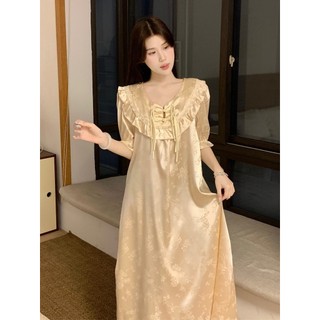 Váy ngủ ngắn tay mùa hè kiểu Trung Hoa mới, chất liệu satin jacquard, dáng rộng rãi trẻ trung cho Nữ