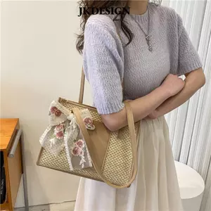 JKDESIGN Túi đi biển nữ, Túi Tote dây leo cầm tay đeo vai ống hút, Túi dệt tay 2023 Giỏ du lịch Túi dệt rơm Túi nữ