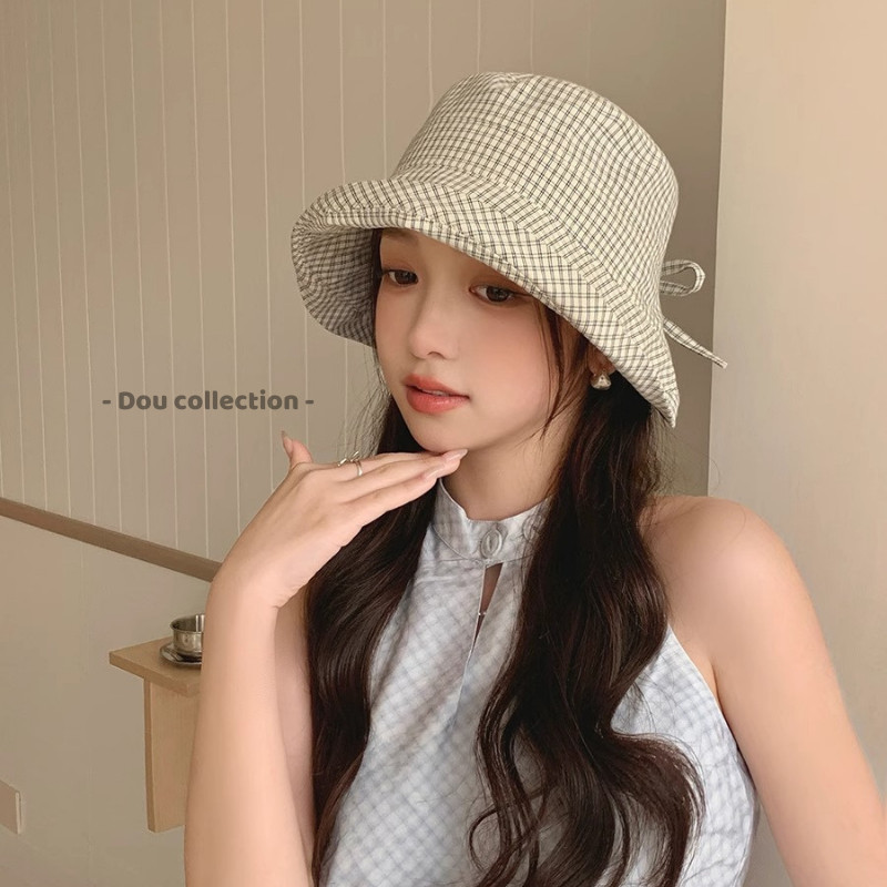 Mũ Bucket Kẻ Caro Retro RICHOUSE Phối Nơ Xinh Xắn Phong Cách Tiểu Thư Thời Trang Mùa Hè