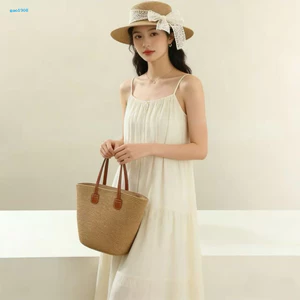 GAO * Boho Mũ Rơm Và Ví Mũ Rơm Và Túi Tote Bộ 2 Chiếc Đi Biển Mùa Hè Mũ Rơm Vành Rộng Handmade Mây In Hình Mũ Chống Nắng Với Nữ Cho Kỳ Nghỉ