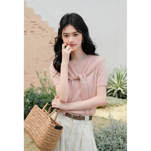Mutu Ngọt Ngào - Bộ Áo Len Tay Ngắn Và Khăn Choàng Hai Mảnh Màu Hồng, Phong Cách Mới, Phù Hợp Mặc Thường Ngày Mùa Hè