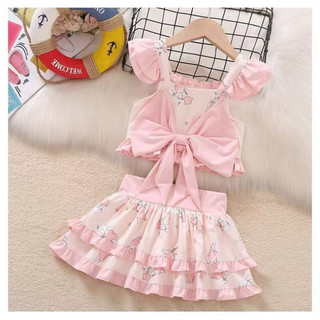 Bộ đồ bơi hai mảnh in hình chú thỏ cho bé gái | Tay áo lông xù Nơ lớn Ruffle Hem Đồ bơi dễ thương