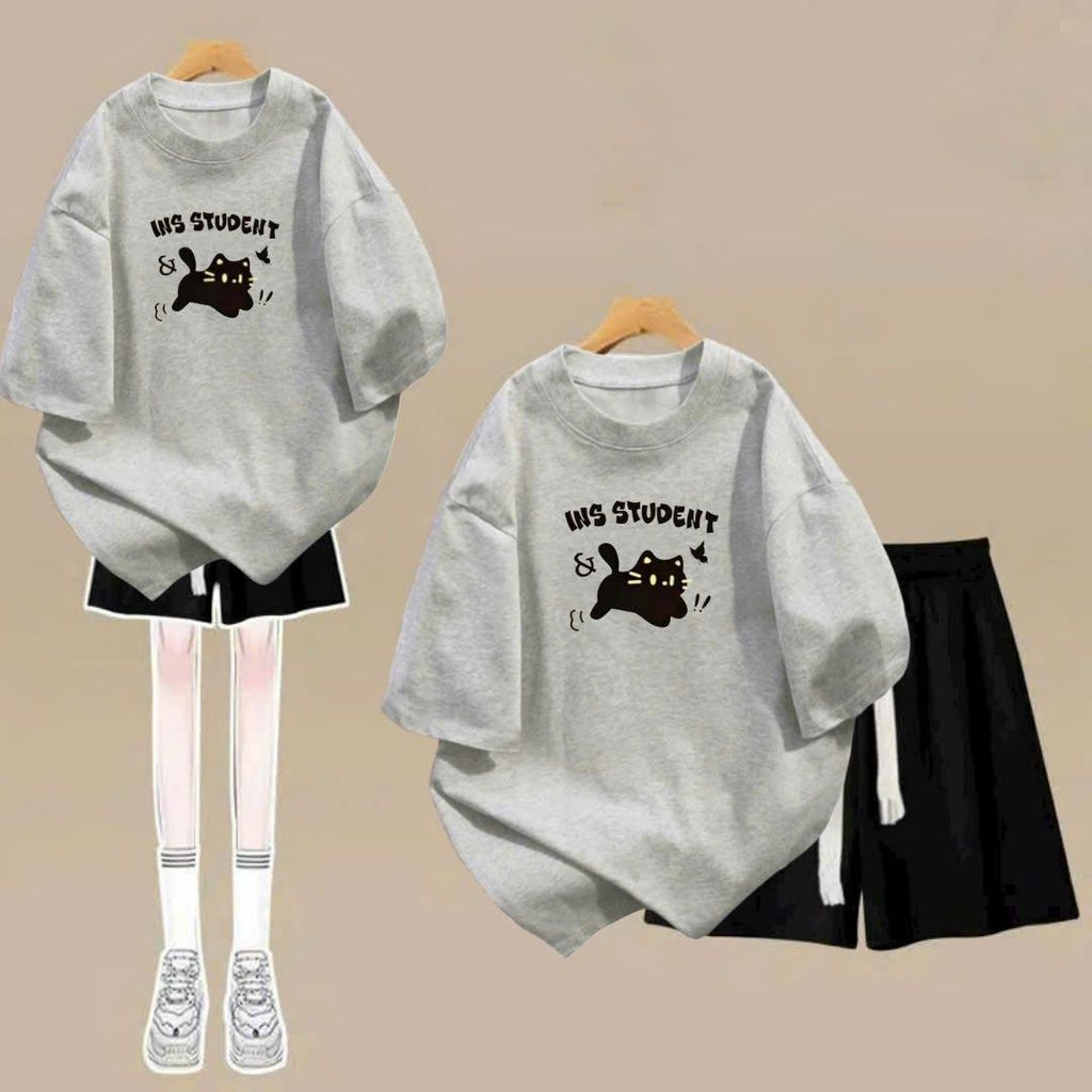 sét bộ quần đùi cộc dây to trơn xđậm+mix áo phông form rộng in hình mèo máy-shop thời thang thubio