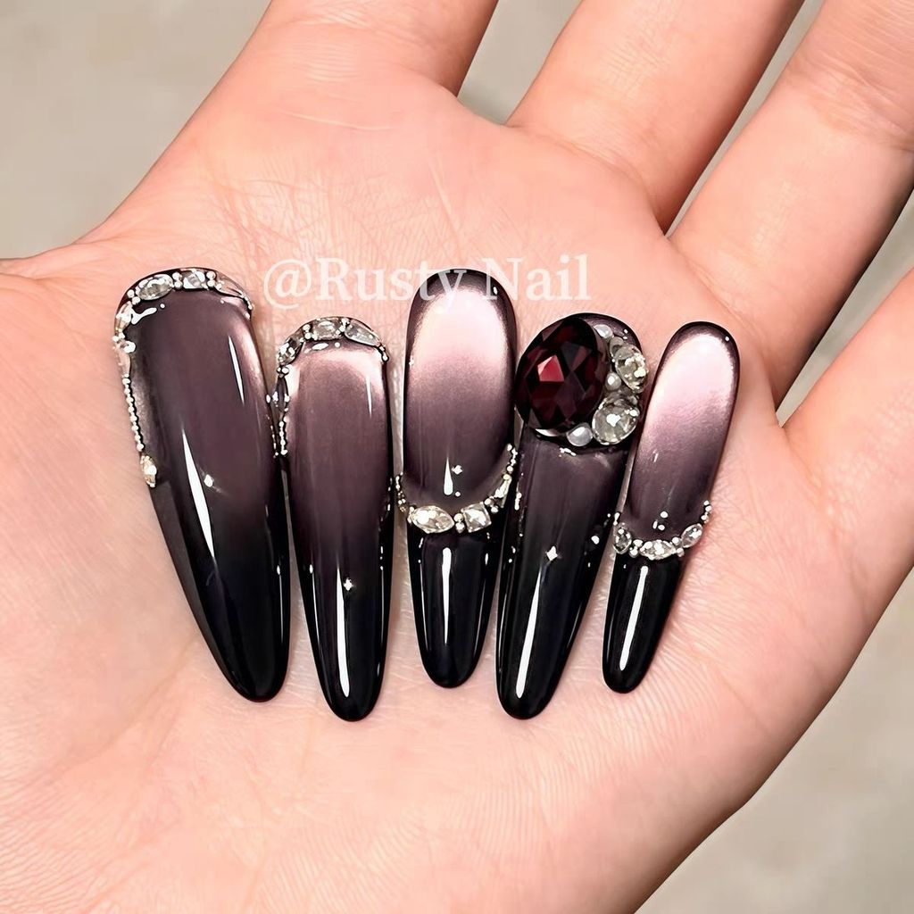 Yaoye Elf Ngọt Cay Nhấp Nháy Tím Mắt Mèo Handmade Đeo Móng Tay Cao Cấp Ánh Sáng Sang Trọng Dài Làm Móng Miếng Dán