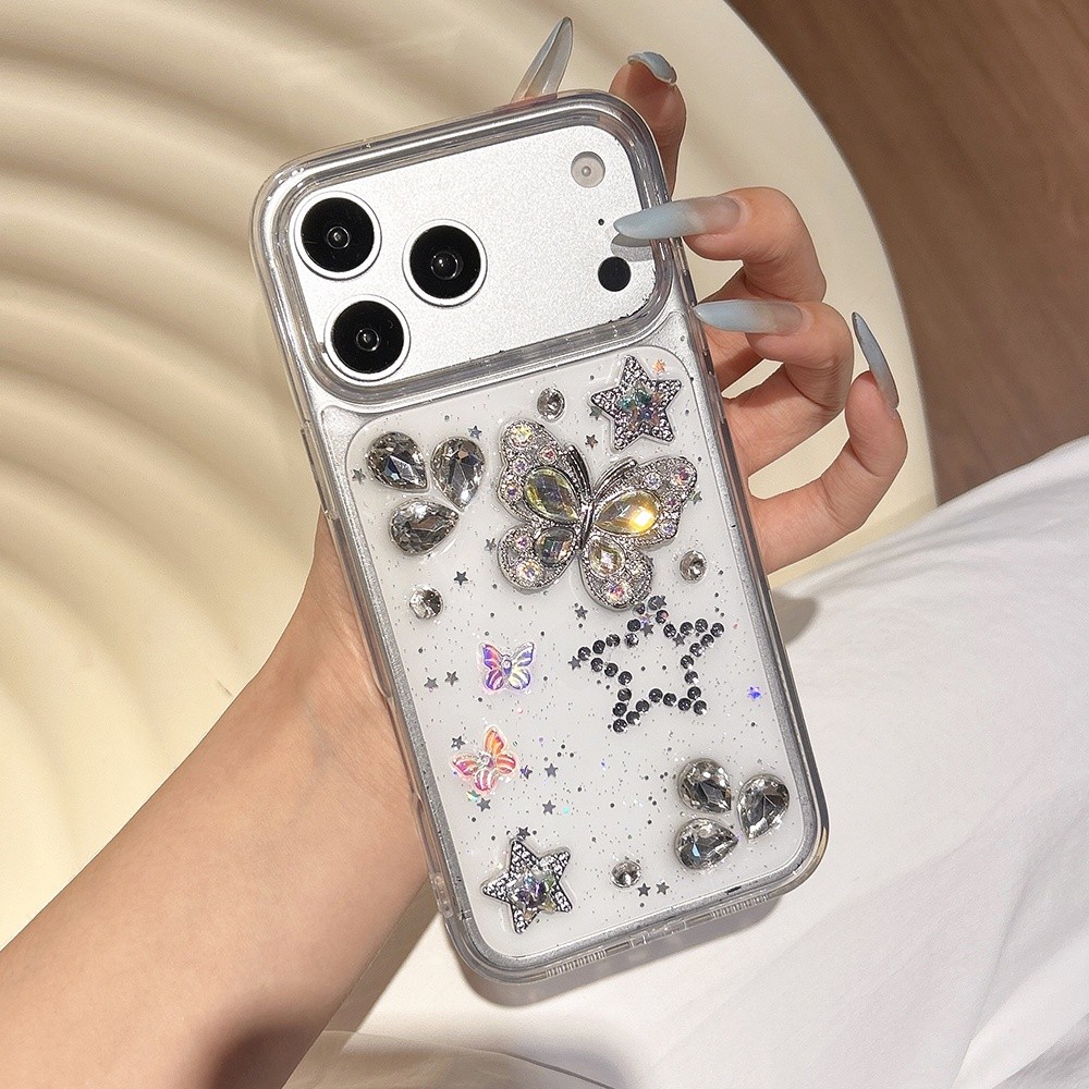 Ốp Điện Thoại Nhựa Bướm Kim Cương 3D Cho iPhone 17 Pro Max 16 15 14 13 Vỏ Bảo Vệ Chống Sốc