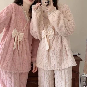 Bộ Đồ Ngủ Nữ Thu Đông San Hô Lông Cừu Hoạt Hình Phiên Bản Hàn Quốc Rời Lông Cừu Dày Flannel Jacquard Lông Cừu Mùa Đông