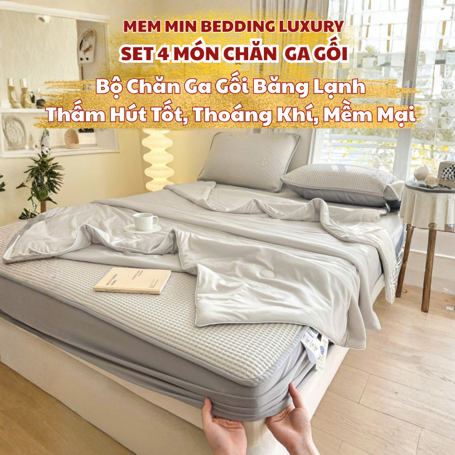 (CDH358) Set 4 món chếu điều hòa băng lạnh bọc chun kèm chăn thun mềm nhẹ MemMinBedding Luxury, chất liệu mát lạnh