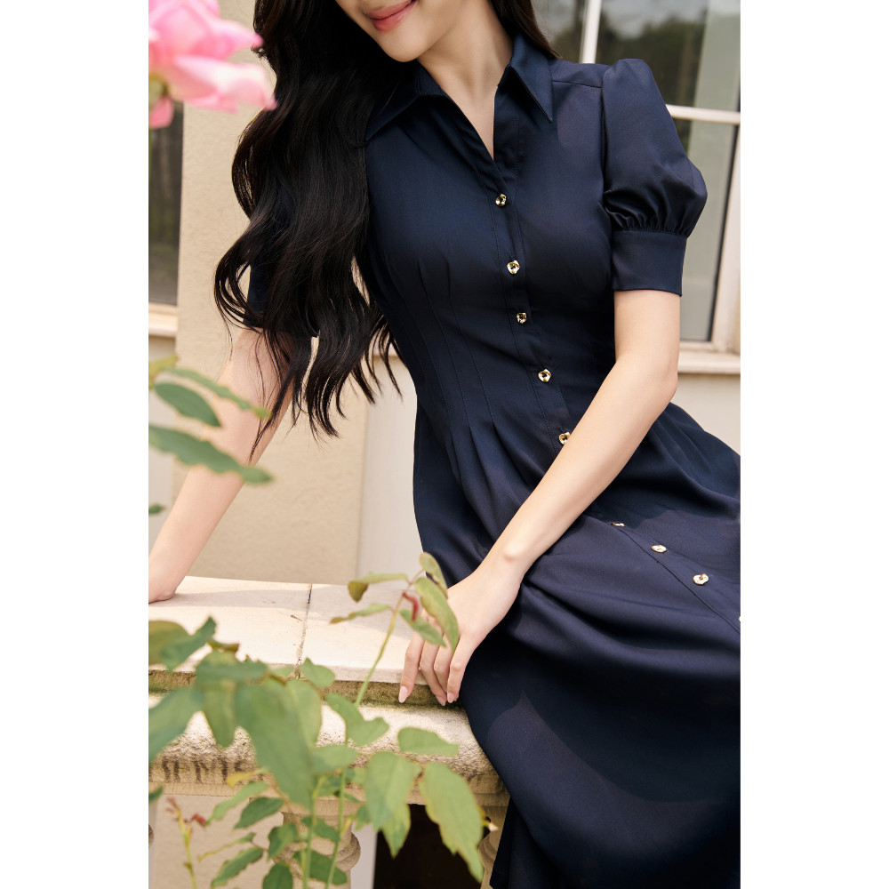 Đầm sơ mi nữ ELLA DORA dáng dài nẹp giấu phối cúc đồng thanh lịch dễ mặc 4 mùa màu XANH NAVY [D230]