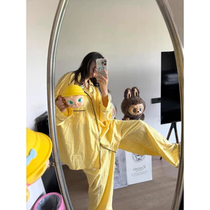 Bộ Đồ Ngủ Sọc Vàng Nữ 2025 Xuân Thu Đông Quần Dài Tay Thường Ngày Lười Phong Cách Loungewear Phù Hợp Với