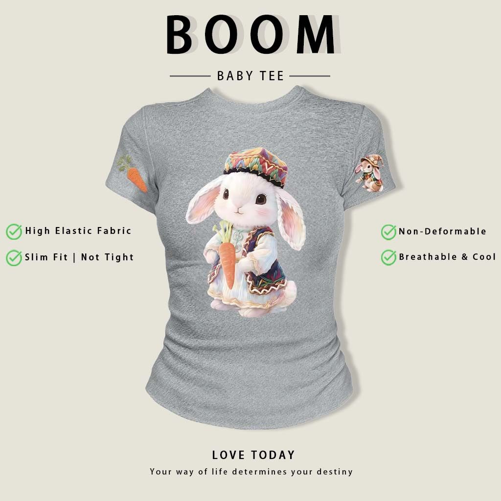 BOOM Áo thêu Baby Tee Nữ Cotton Ôm Body-Áo Thun Ngắn Tay Y2K In Hình PhongCách Mùa Hè, Cổ Tròn Hàng Đầucách hàn phong 03