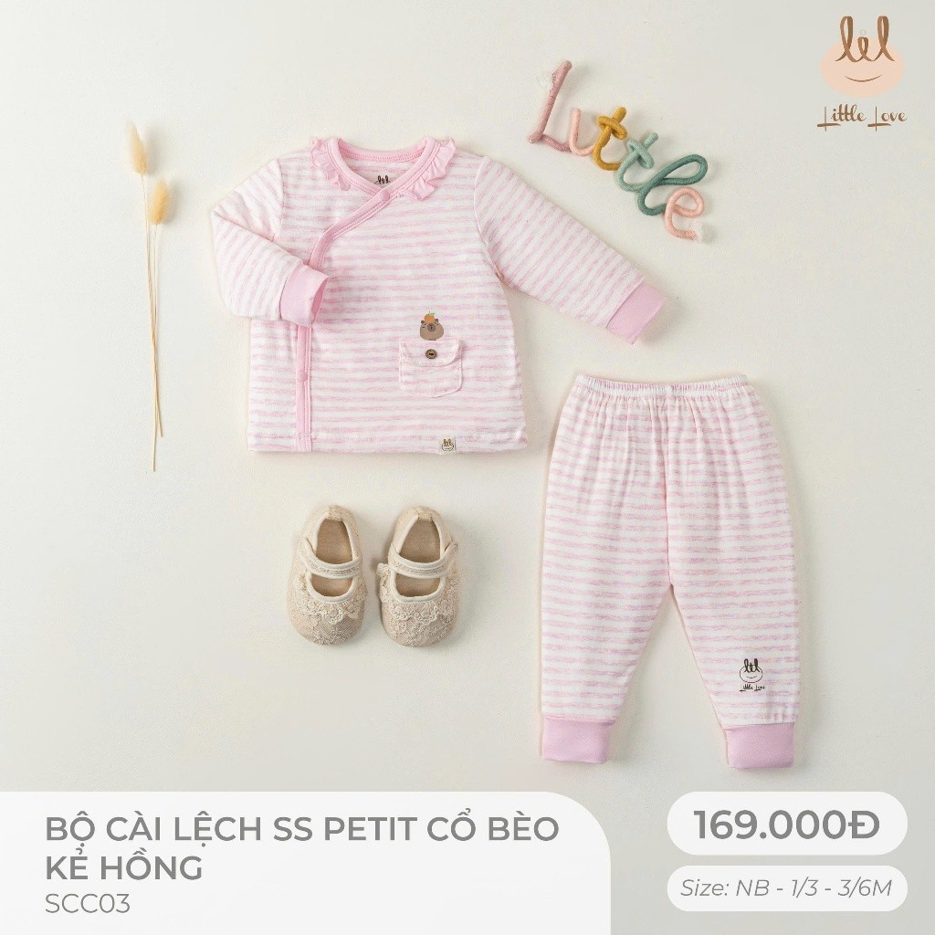 Bộ sơ sinh petit dài tay mỏng, mềm, mát, thấm hút tốt, cổ bèo kẻ hồng dành cho bé lil little Love (SCC03)