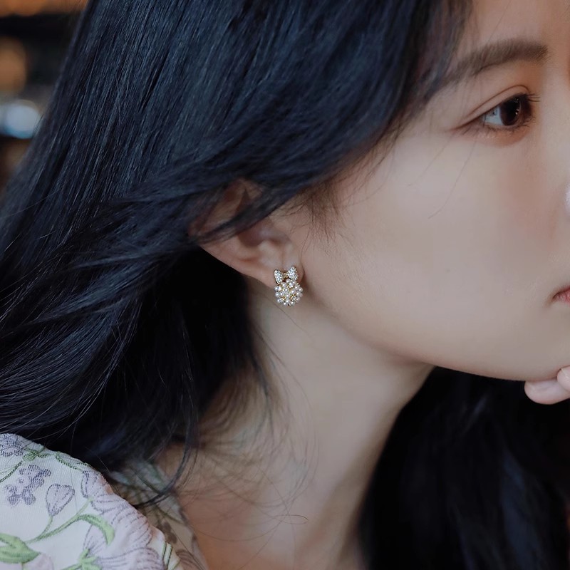 Bông Tai Nơ Ngọc Trai Đính Đá Zircon Phong Cách Hàn Quốc