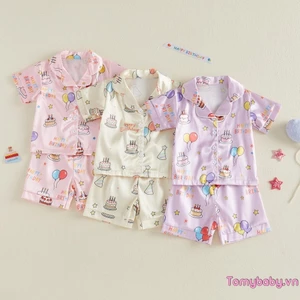 Bé Gái Tập Đi Sinh Nhật Satin Bộ Đồ Ngủ Bộ Bóng In Hình Bánh Ve Áo Tay Ngắn Nút Xuống Áo Có Quần Short Đồ Ngủ