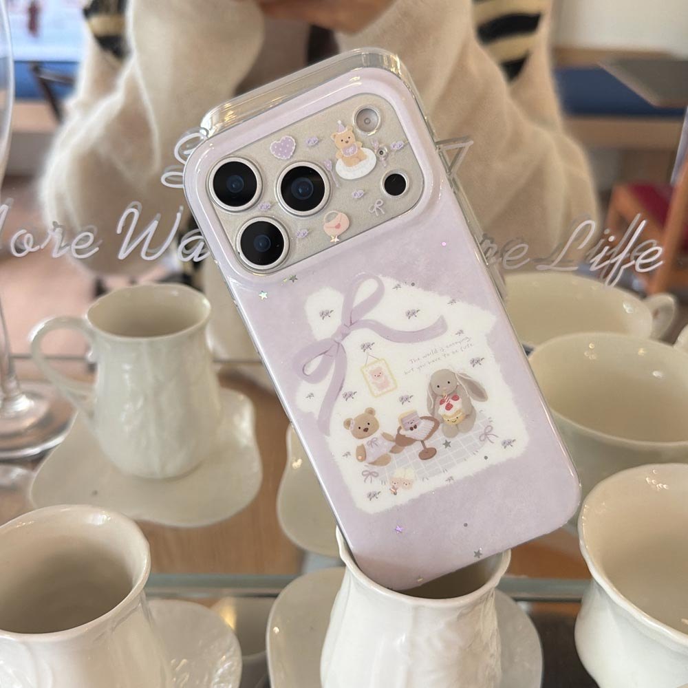 Vỏ cứng dạng bột lấp lánh Tương thích với iPhone 13 14 14Pro 14ProMax 15 15Pro 15ProMax 16 16Pro 16ProMax 17 17Pro 17ProMax Ốp họa tiết gấu nơ tím