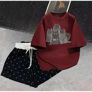 sét bộ đồ nữ quần đùi cộc cạp trắng chữ A + mix áo phông form rộng hình mèo bóng đêm - CHANG3158