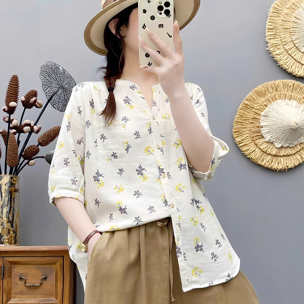 <![CDATA[Áo sơ mi nữ 100% cotton cổ chữ V, tay vừa, họa tiết mùa hè]]>