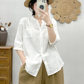 Áo sơ mi nữ cotton cổ chữ V, tay vừa, form rộng nhẹ, phù hợp mùa hè