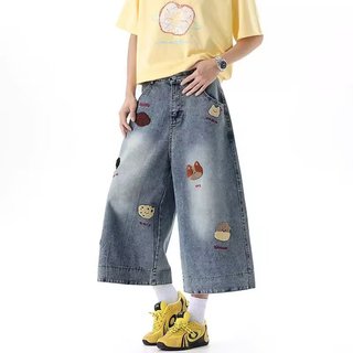 Quần short denim thêu hình chó con, phong cách Mỹ cổ điển, phù hợp mọi giới tính, chất lượng cao