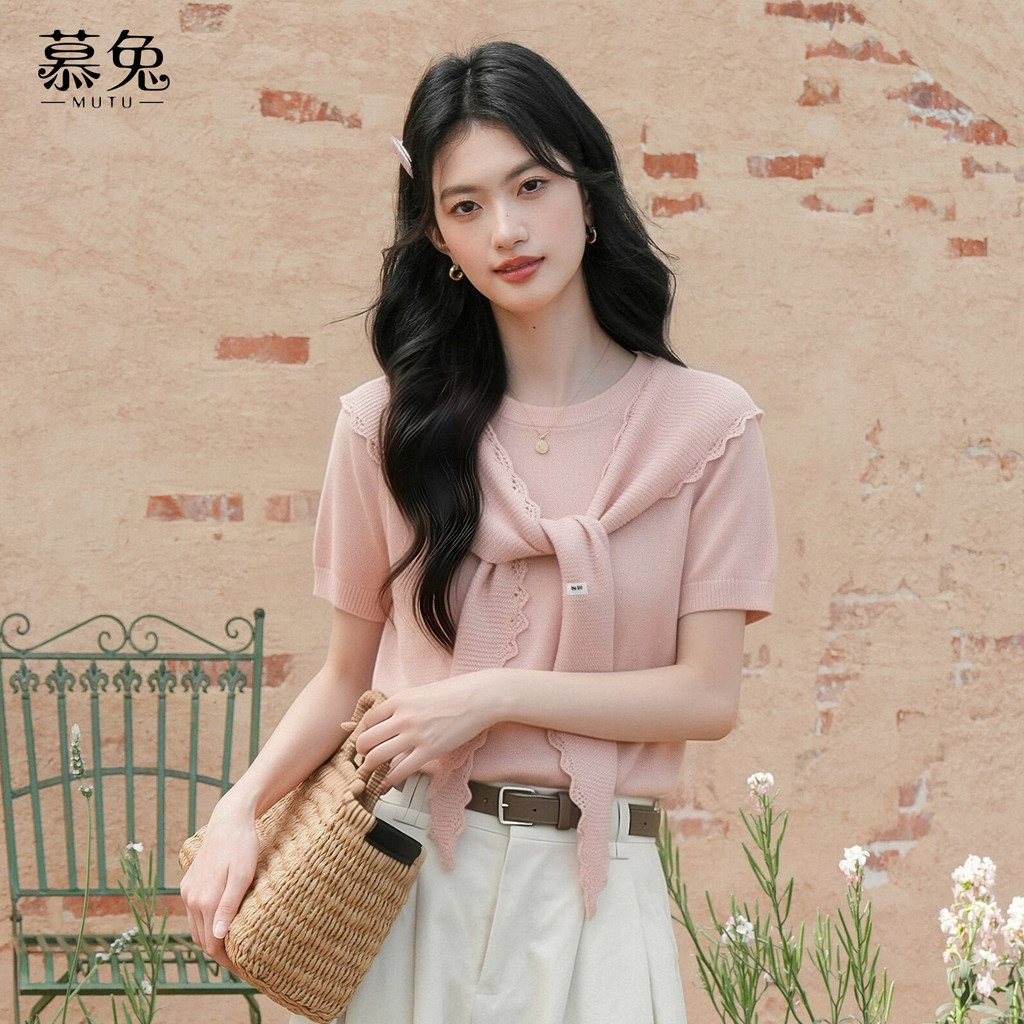 Mutu Ngọt Ngào - Bộ Áo Len Tay Ngắn Và Khăn Choàng Hai Mảnh Màu Hồng, Phong Cách Mới, Phù Hợp Mặc Thường Ngày Mùa Hè