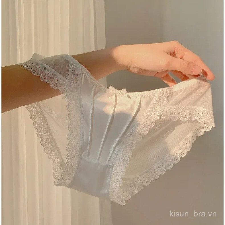 Quần lót nữ ren Pháp vintage satin, lưới mỏng thoáng khí, lưng vừa, nơ, màu trơn