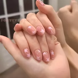 Phong cách đơn giản Móng tay giả màu hồng với in hình ngôi sao Móng tay không thể phá vỡ Tự nhiên Mặc đơn giản để mặc biểu diễn sân khấu