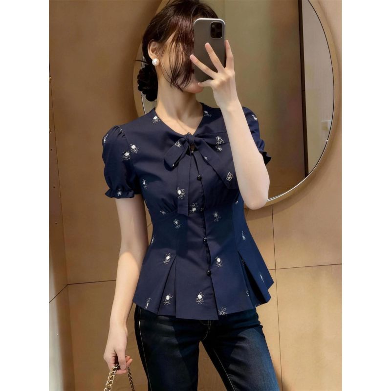 Áo sơ mi ngắn tay in hình dáng rộng, style retro Pháp cho mùa hè
