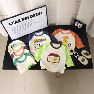 Mùa Xuân Thu Phong Cách Mới Trẻ Em Đáy Áo Sơ Mi Phiên Bản Hàn Quốc Cotton Nguyên Chất In Hình Áo Thun Dài Tay 80-150 Kích Thước O6IF
