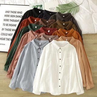 Áo sơ mi nữ thanh lịch phong cách Nhật Bản, chất liệu cotton nguyên chất, dáng dài tay