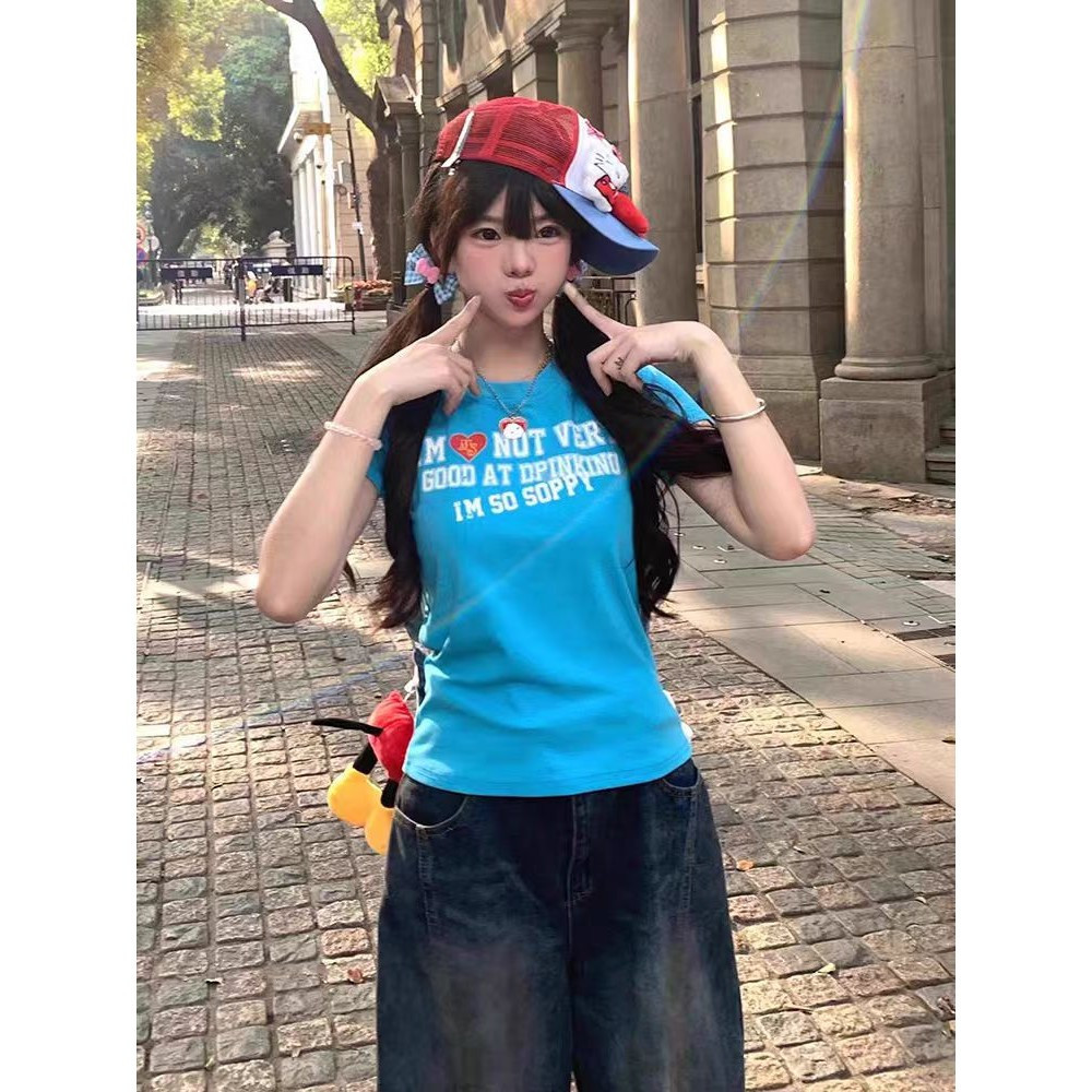 Milyfashion Áo thun Cotton Retro In Chữ Tay Ngắn Màu Xanh Hồ Nước Phong Cách Casual