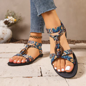 Giày Sandal Phong Cách Dân Tộc Bohemian Nữ, Khóa Gỗ Vải Hình Học Kỳ Lạ, Phẳng Thoải Mái Niche Kỳ Nghỉ 4FNF