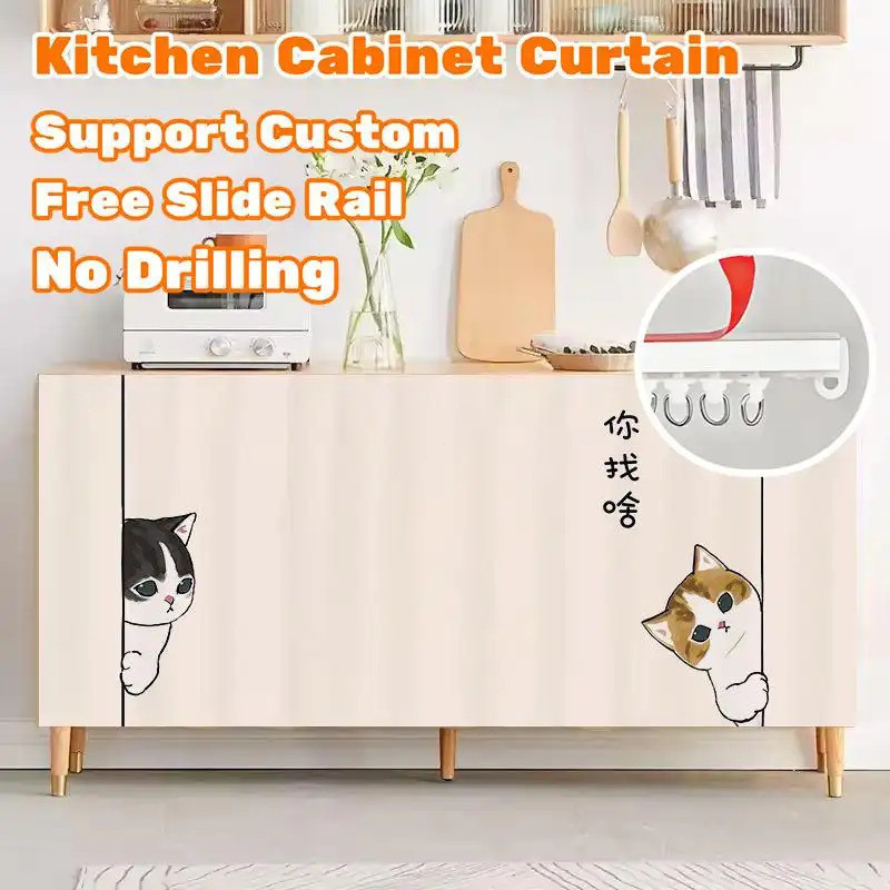 Rèm tủ có đường trượt – Họa tiết mèo Nhật Bản dễ thương, Vỏ bồn rửa không rơi cho nhà bếp, ống chống bụi & ẩn