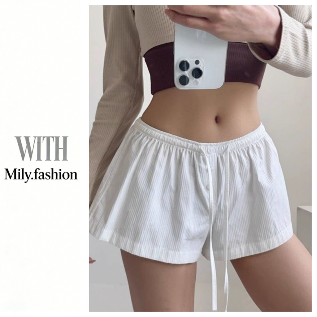 Milyfashion mùa hè mới nới lỏng eo dây rút quần short rộng chân thoải mái quần nhà