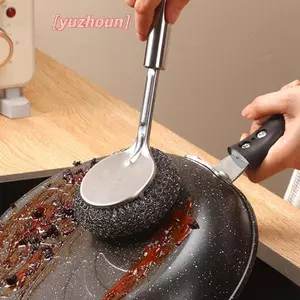 Bàn chải làm sạch tay cầm dài, lông thép khử nhiễm mạnh, dùng cho nồi chảo, bếp, đồ kim loại