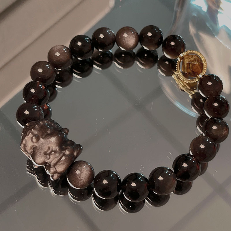 Vòng tay đôi Obsidian bạc phong cách Trung Quốc mới