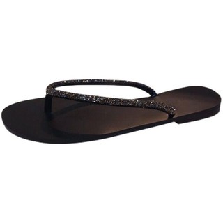 Mùa Hè 2024 Phong Cách Mới Với Kim Cương Flip-Flops Flat Flip-Flops Mặc Ngoài Dép Đi Biển Dép Nữ Đen Phong Cách Phù Hợp