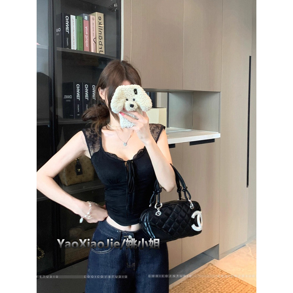 Ren Khâu Nguyên Chất Desire Phong Cách Ren-Up Camisole Nữ Áo Đen