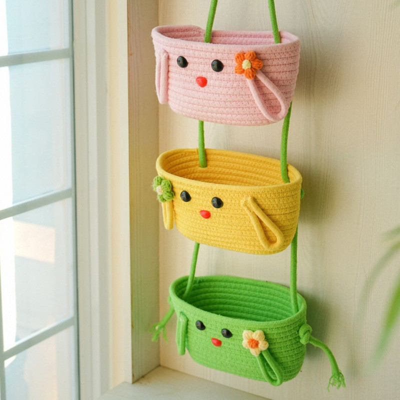 Giỏ đựng đồ treo tường, túi cotton sợi dệt, kệ ký túc xá