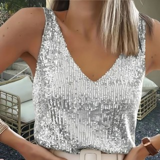 Women's Sleeveless Sparkles Shimmer Camisole Vest Glitter Sequins Tank Tops