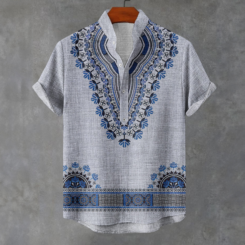 Áo sơ mi nam phong cách dân tộc, tay ngắn, họa tiết vintage oversize, phù hợp dạo phố
