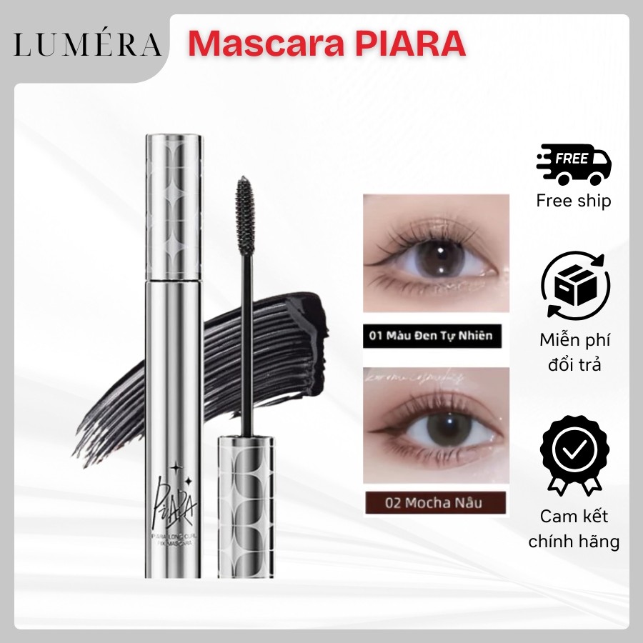Mascara PIARA dạng ống bạc nhỏ, dài tự nhiên, cong, đậm đặc nhanh khô không thấm nước, lâu trôi và không dễ lem