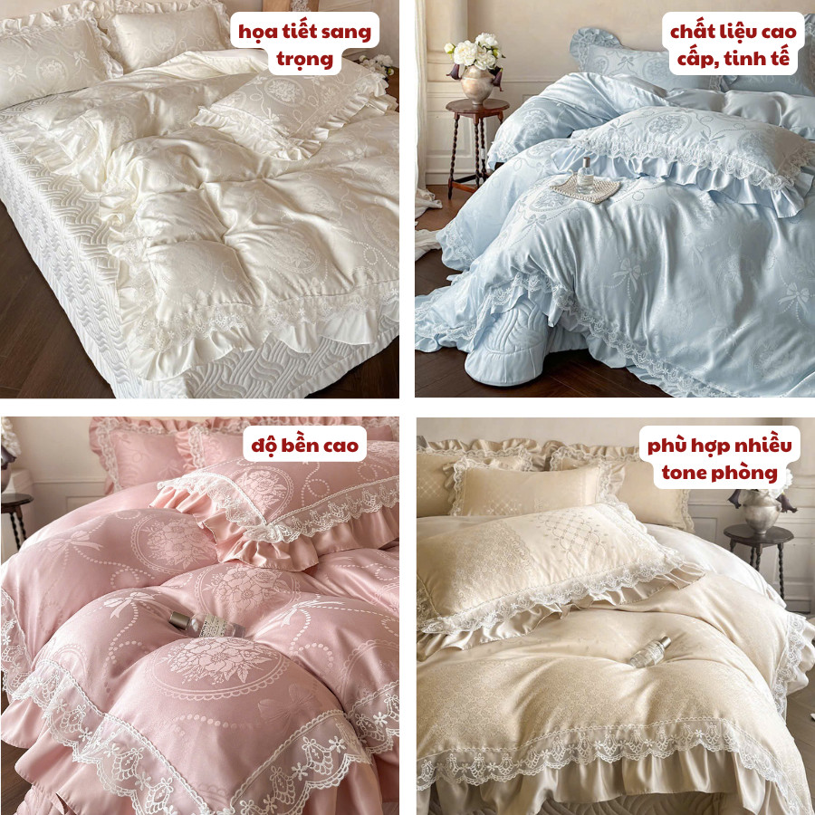 (ST105) Set vỏ chăn ga 4 món chất liệu phi lụa cao cấp phối ren mang phong cách Châu Âu sang trọng Memminbedding