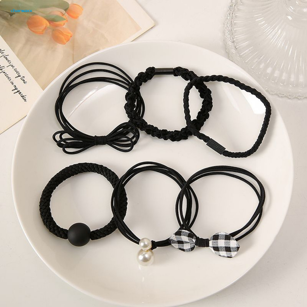 Dây buộc tóc đàn hồi cao, gồm 6 sợi bện cùng ngọc trai giả và nơ - Mềm mại, bảo vệ tóc của bạn