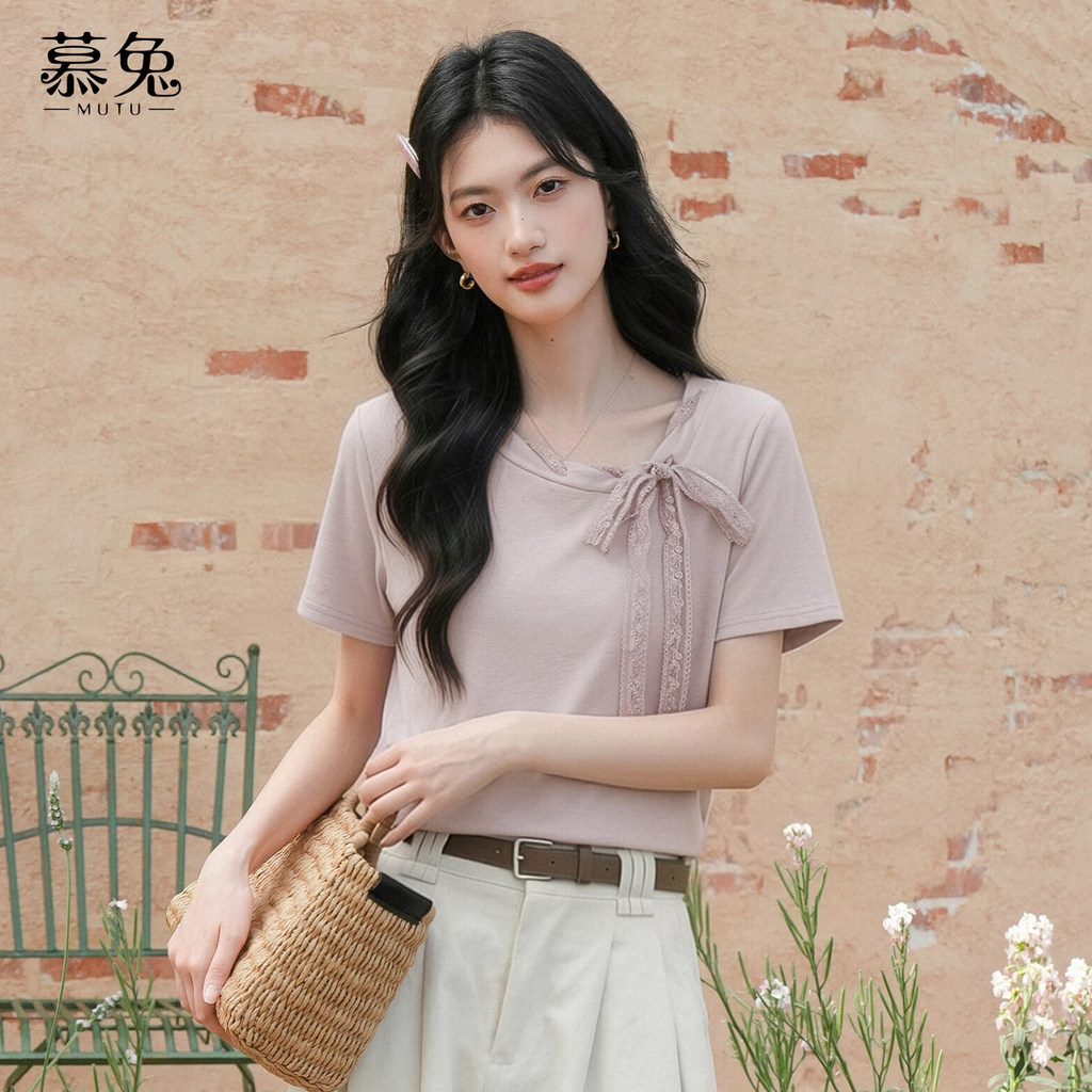 Mutu Áo Thun Nữ Ren Nơ Cổ, Màu Tím, Phong Cách Mới Nhẹ Nhàng