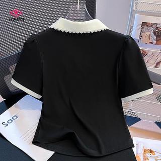 Áo thun nữ Hàn Quốc với ren màu sắc tương phản, thiết kế ngắn tay, phù hợp nhiều dịp