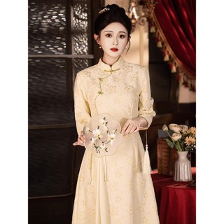 Đầm sườn xám cao cấp cỡ lớn mới cho nữ mùa xuân/thu, đầm nữ kiểu Trung Quốc mới giúp thon gọn và tôn dáng.