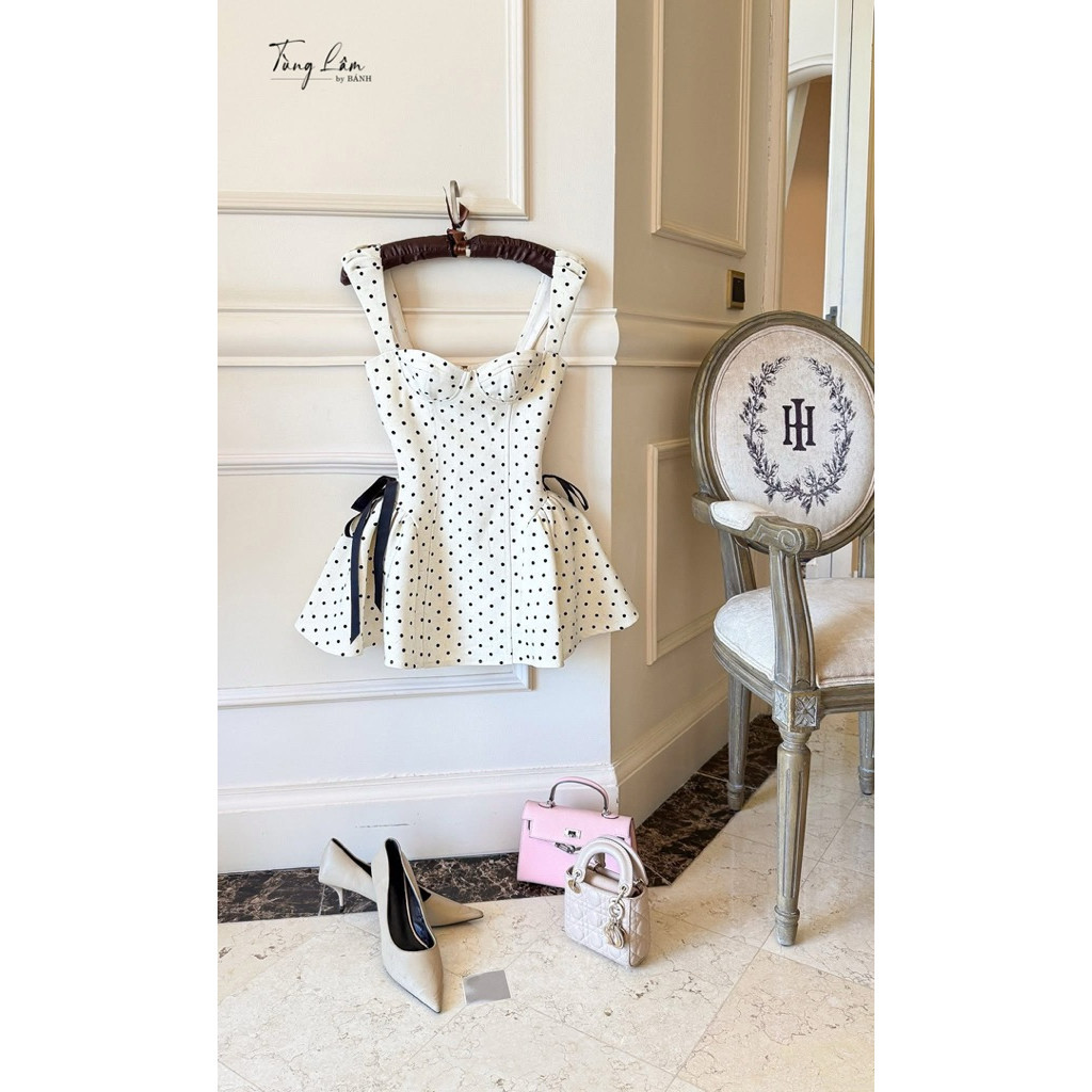 Đầm hai dây chấm bi phối chân xoè đính nơ sườn nữ tính sang chảnh Đồ lót bảo hộ  TL BYJOLIE