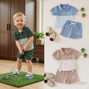 6m-4y Bé Trai Mùa Hè Bộ Sọc Chữ Golf Yếu Tố In Hình Áo Thun Tay Ngắn Co Giãn Eo Quần Short